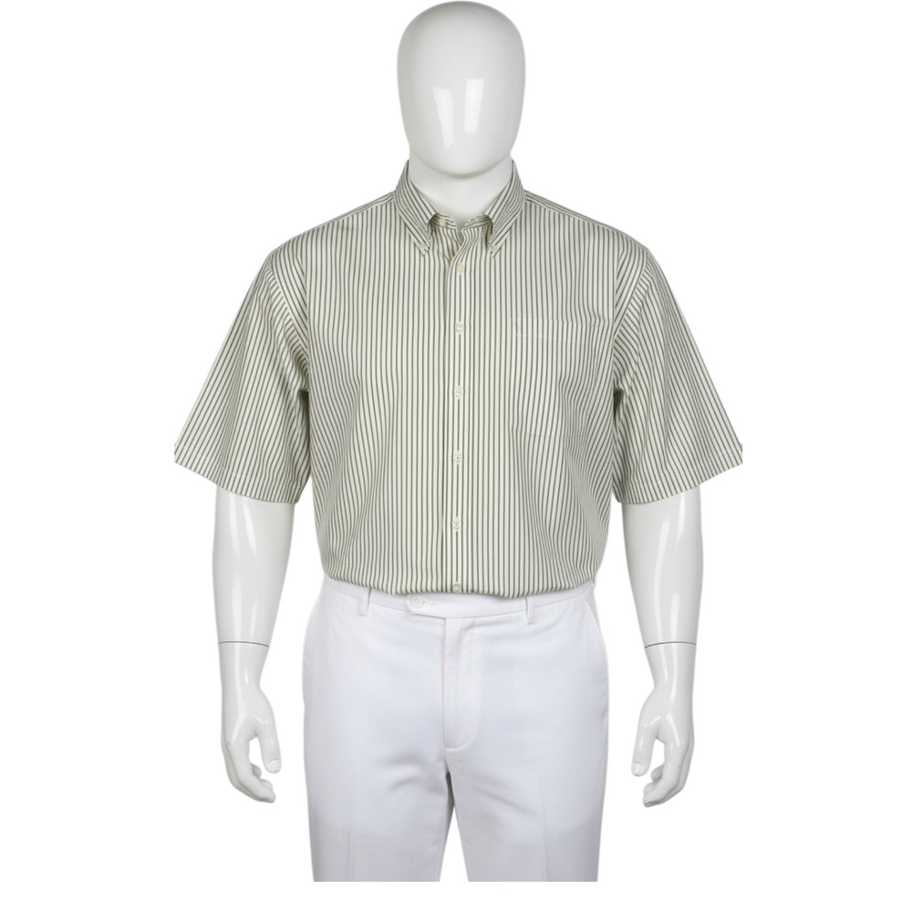 Paul Fredrick Dress Shirt 20 Sage Green Stripe Non-Iron Pinpoint ShortSleeve Big
